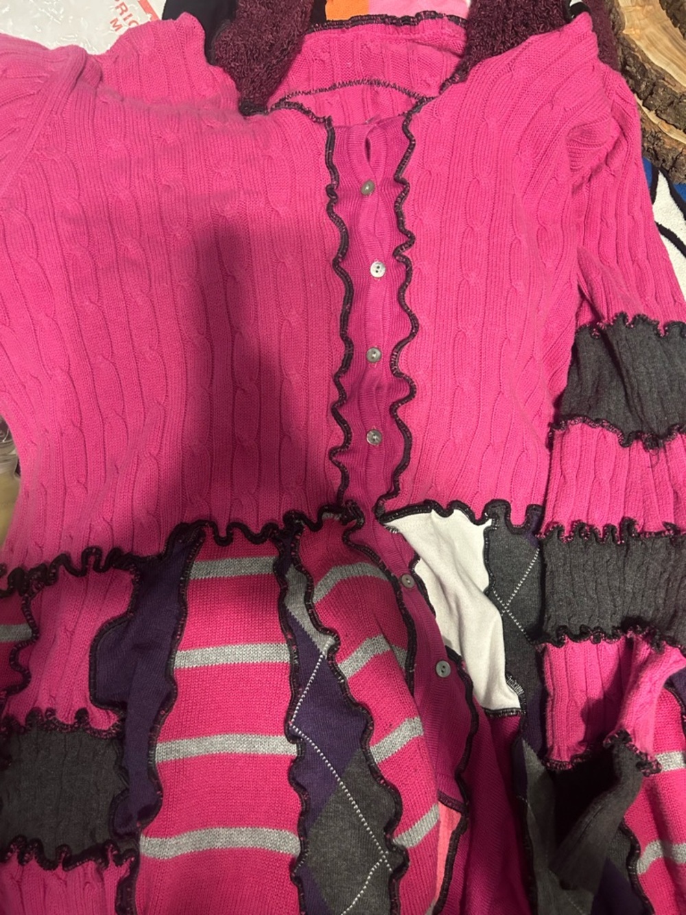 Women's handmade Hot Pink Ruffle-Trim patchwork Cable Knit tunic Sweater